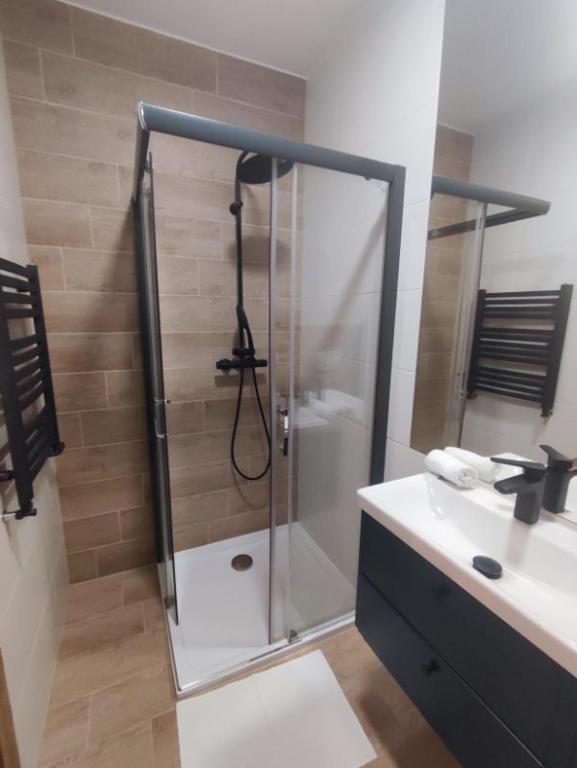 a bathroom with a shower with a sink and a shower at Aquarius Stawy Walczewskiego 8 in Grodzisk Mazowiecki