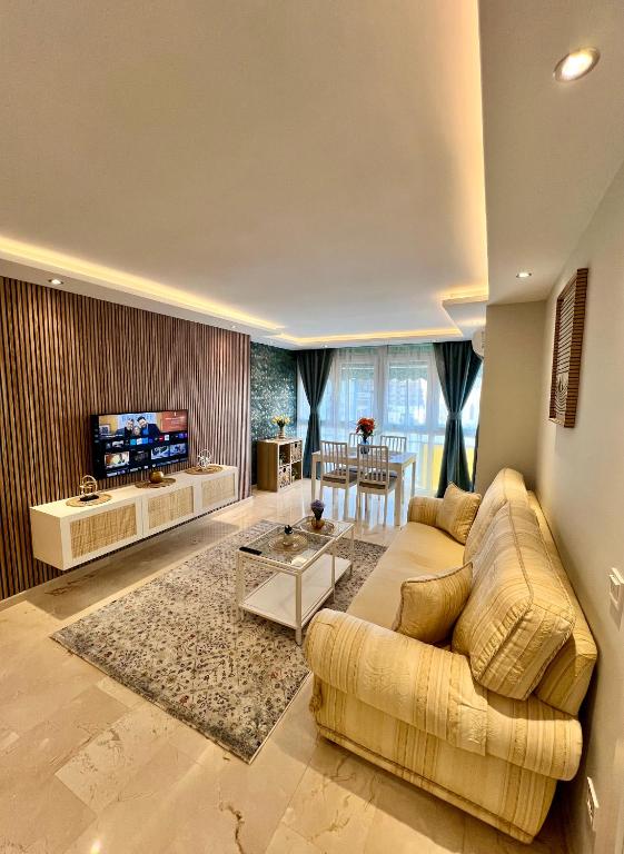 a living room with a couch and a tv at Apartamentos Prestige Málaga Suites IV in Málaga