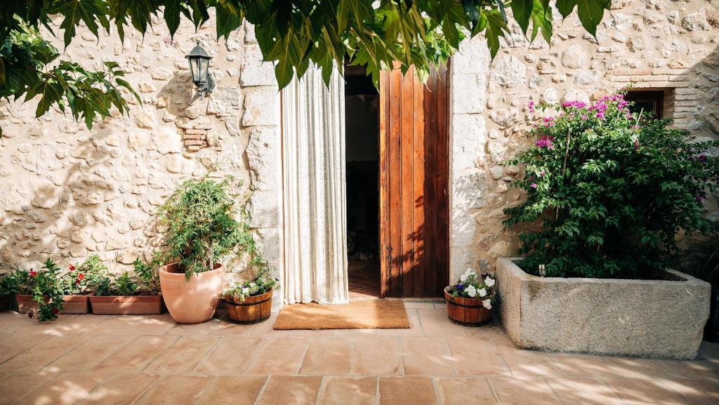 uma entrada para um edifício de pedra com vasos de plantas em Mas Camins em Avinyonet de Puigventós