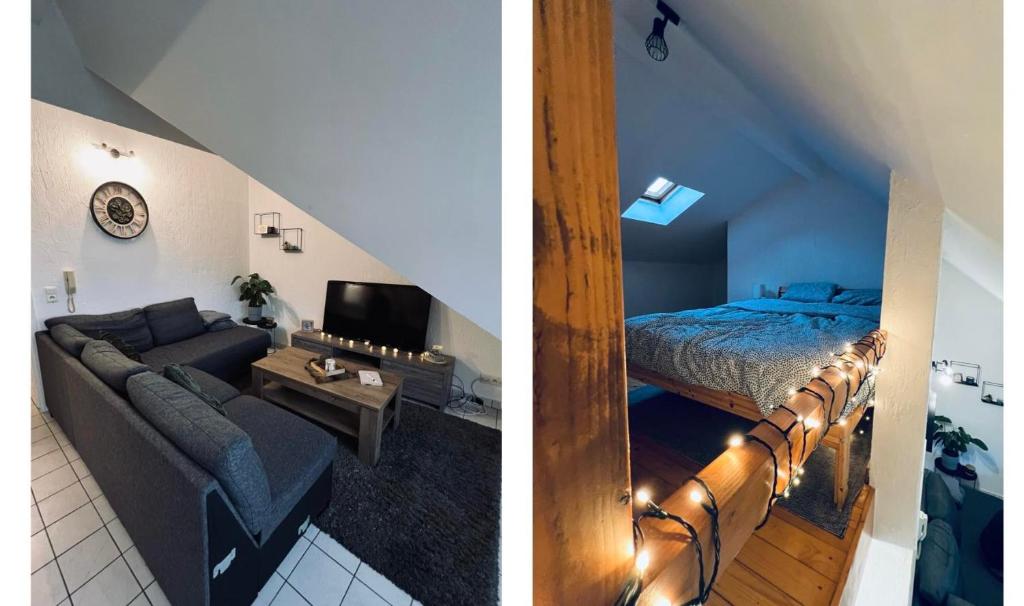 two pictures of a bedroom and a living room at Appartement net buiten stadskern in Hasselt