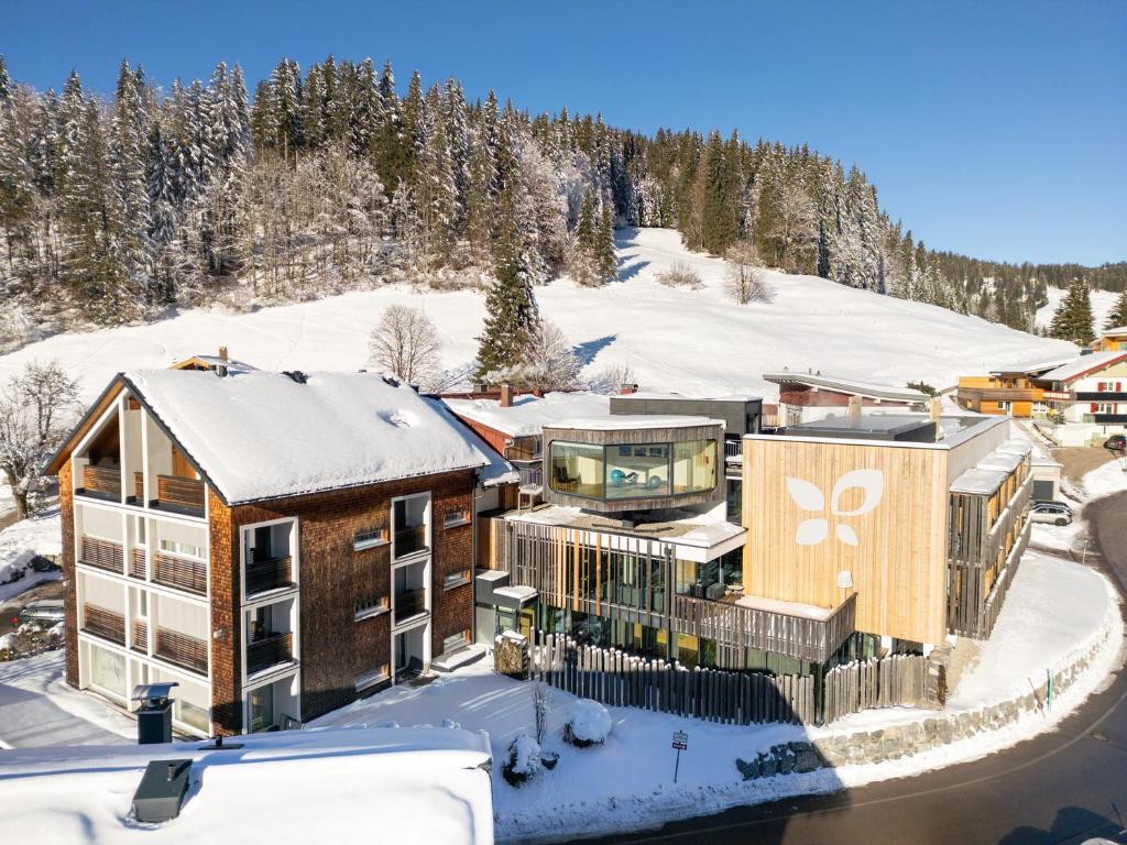 una vista aerea di una casa nella neve di Genuss- & Aktivhotel Sonnenburg a Riezlern