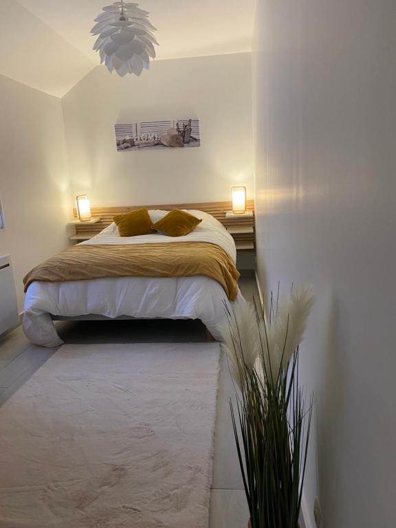 um quarto com uma cama e dois candeeiros e uma planta em Maisonnette cocooning em Nogent-le-Rotrou