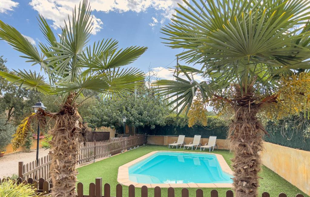 una piscina en un patio con 2 palmeras en Private country house with pool and barbecue, en Girona