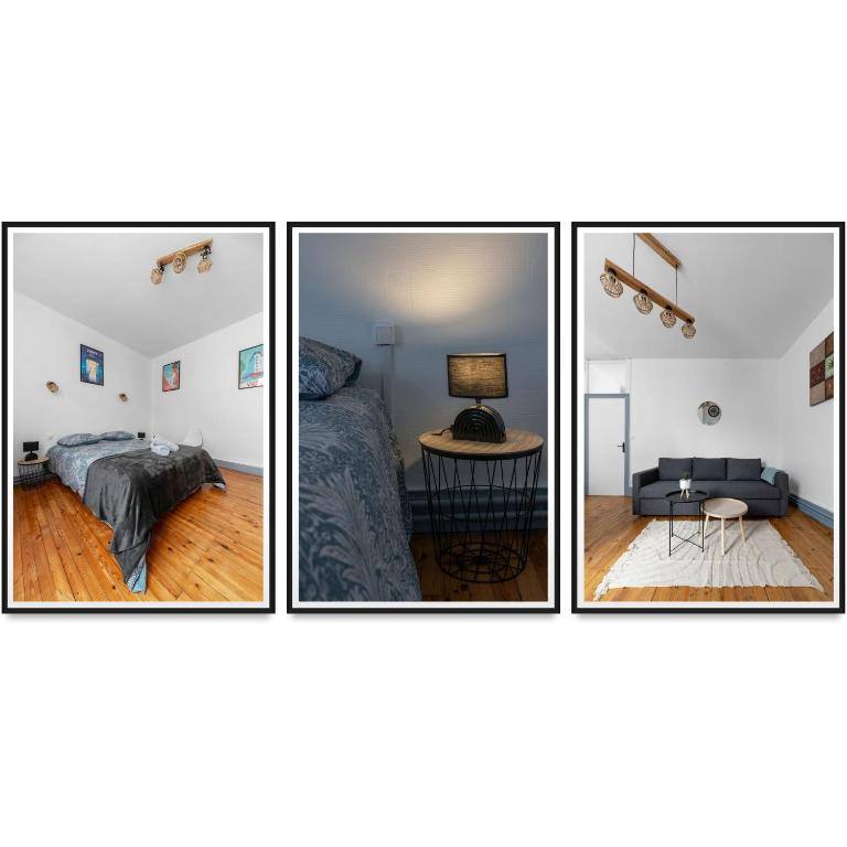 trois photos d'une chambre avec un lit et une table dans l'établissement L'Alliotaux - Appartement calme et design - Parking gratuit, à Vichy