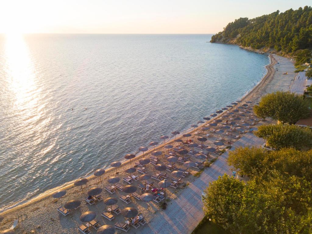 an aerial view of a beach with umbrellas and the water at Alkioni By The Sea in Siviri