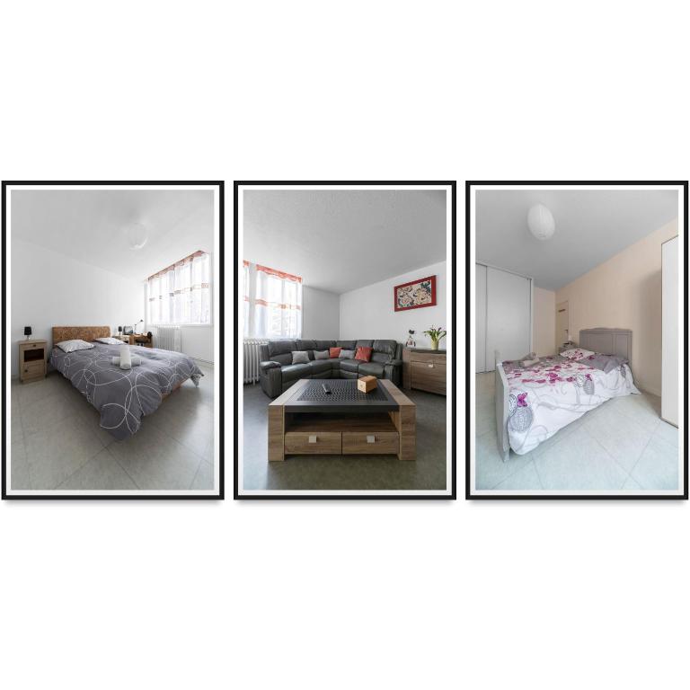 4 photos d'une chambre et d'un salon dans l'établissement Le Bardin - Grand appartement design, parking gratuit, à Vichy