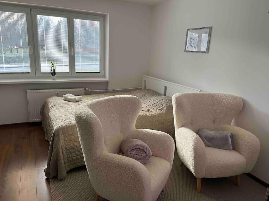 1 dormitorio con 2 sillas y 1 cama en Apartmán Alexandra, en Prievidza