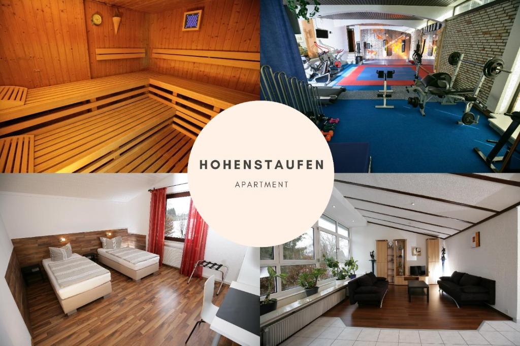a collage of two pictures of a house with a living room at Hotel am Baronenwald in Göppingen