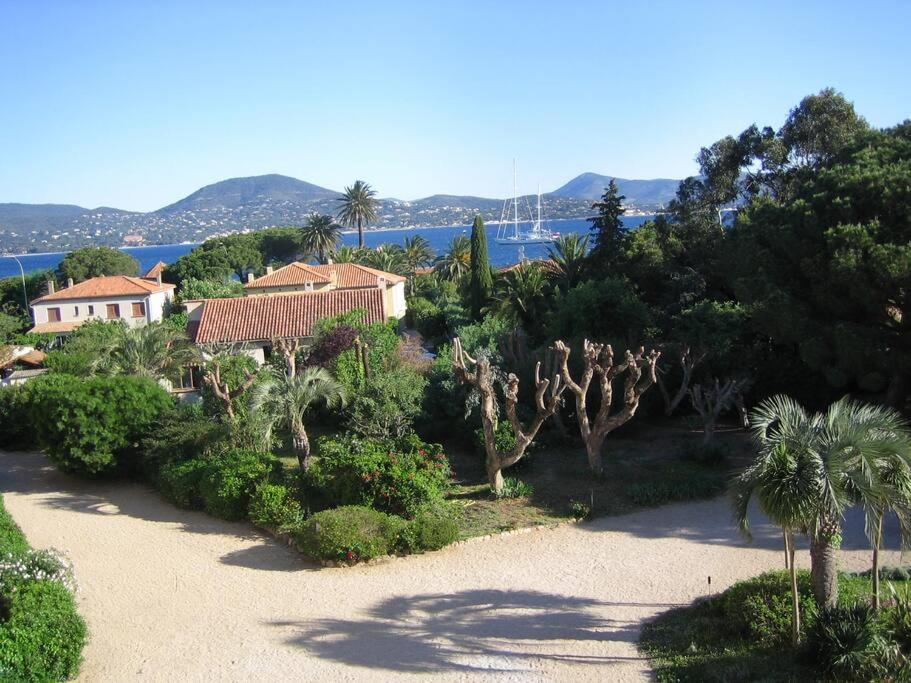un jardin avec des palmiers, une maison et l'eau dans l'établissement Brise Tropézienne : Vue Mer / 2 chambres / Parking, à Saint-Tropez