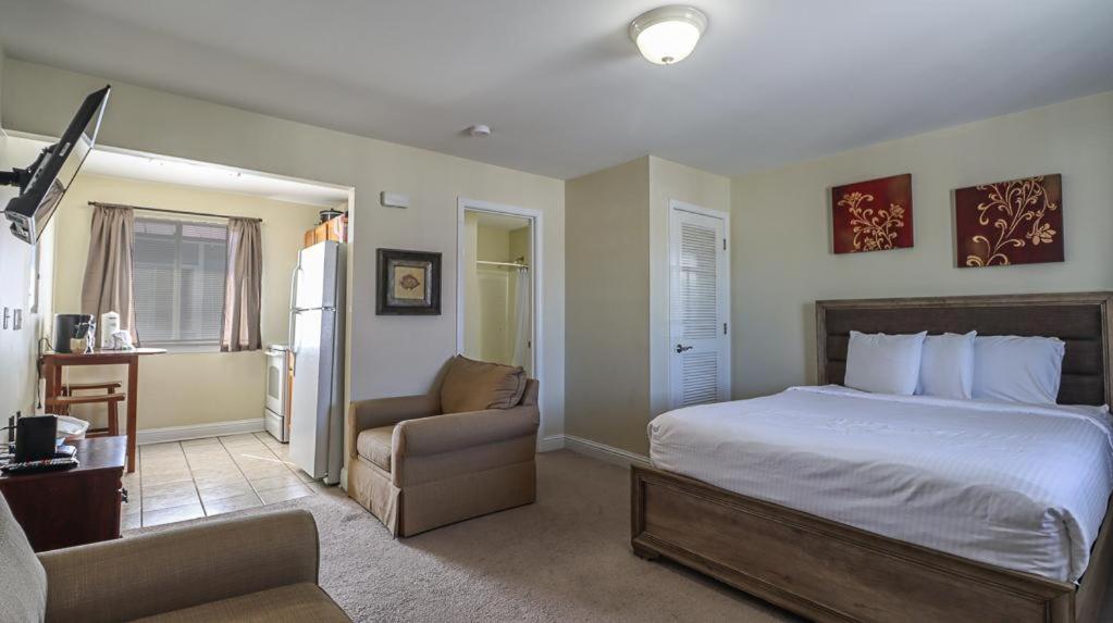 een slaapkamer met een bed, een bank en een stoel bij Oak Shores Studio 36 in Biloxi