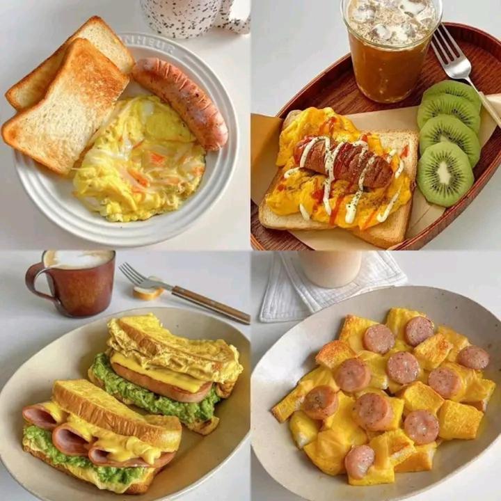 eine Collage mit vier Bildern von Frühstückslebensmitteln in der Unterkunft His&Hers motel restaurant & spa in Kampala