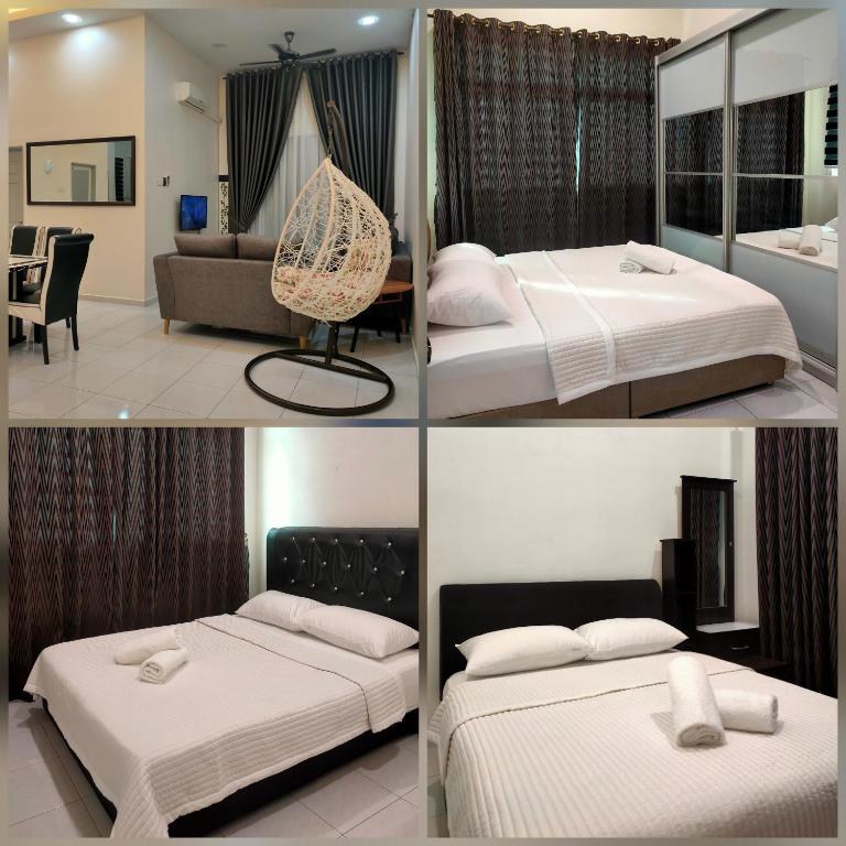 4 vistas diferentes a una habitación de hotel con 2 camas en COZY CR Guesthouse Nilai Pajam with Self Check-In en Nilai