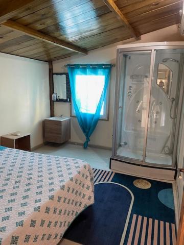 a bedroom with a shower and a bed with a blue curtain at Casa Mano Juan in Mano Juan