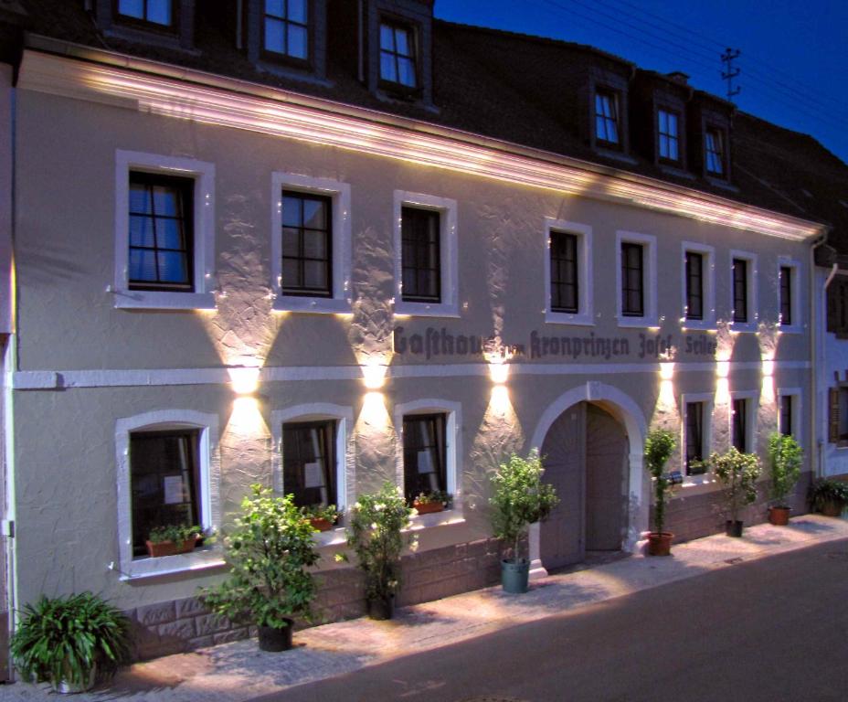 a white building with lights on the side of it at Zum Kronprinzen Hotel Garni in Weyher