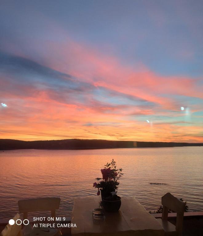 a sunset over the water with a table with a plant at Apartman Krstaš- Gonar in Supetarska Draga
