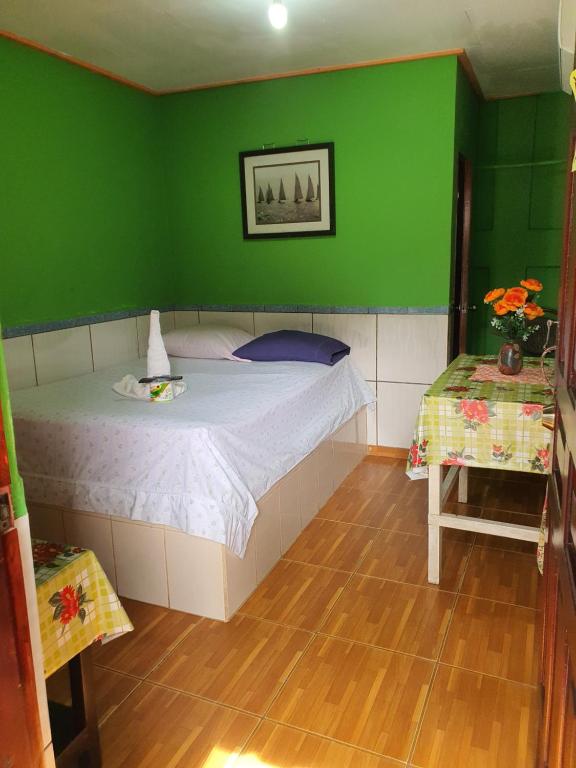 a bedroom with a bed with a green wall at Hotel Economica in Coxen Hole