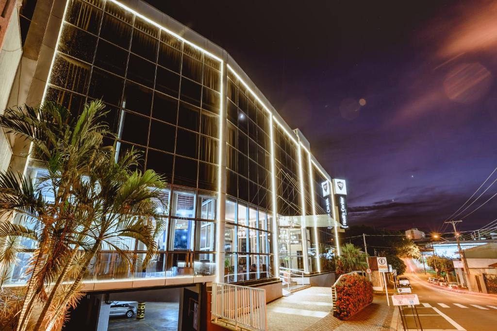 um grande edifício com uma palmeira em frente em Riellis Center Hotel em Botucatu