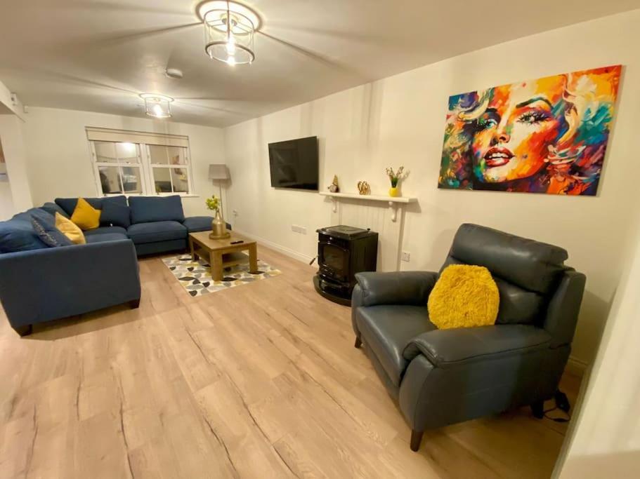 uma sala de estar com dois sofás azuis e um quadro em Modern family home em Castleisland