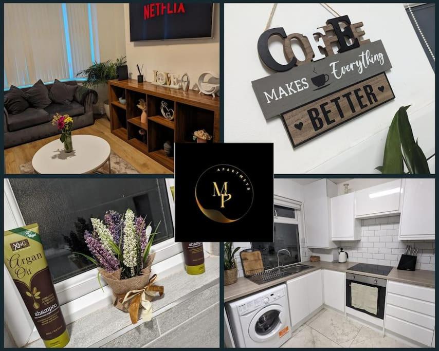 a collage of pictures of a kitchen and a living room at 3-bed Home For Football Fans in Liverpool