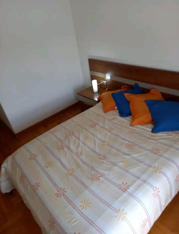 1 dormitorio con 1 cama con almohadas de color naranja y azul en Habitación Renfe, en Pamplona