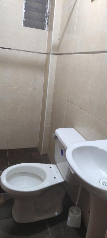 Casa hospedaje Inka Terra في كوسكو: حمام به مرحاض أبيض ومغسلة