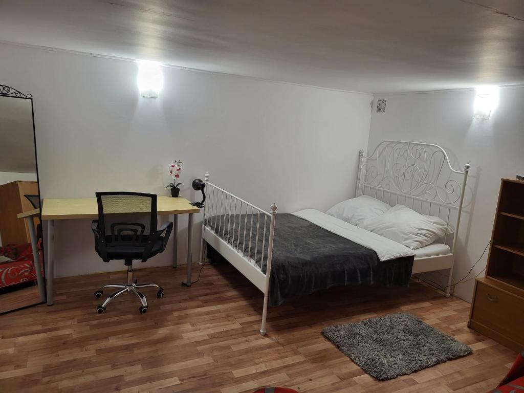 Schlafzimmer mit einem Bett, einem Schreibtisch und einem Stuhl in der Unterkunft Grzegorzecka Room nr 5 in Krakau