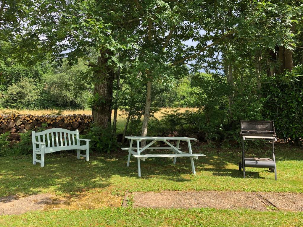 a picnic table and a bench and a grill at Les Jonquilles in Domme