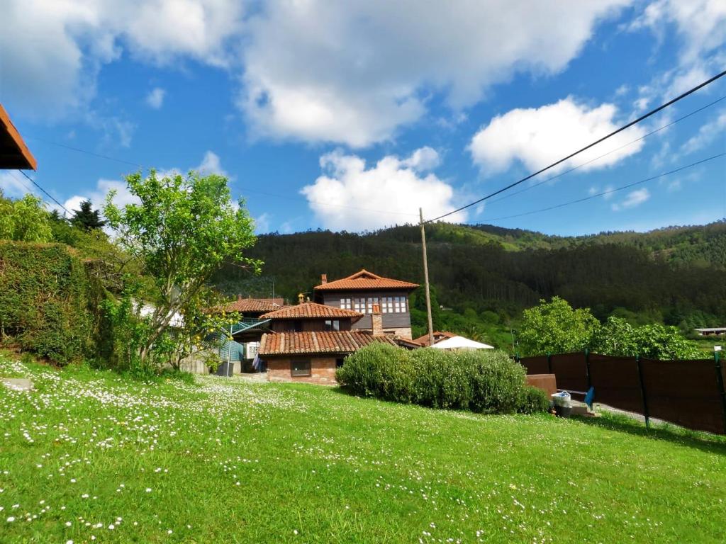 uma casa numa colina com um jardim verde em Casa Pumarín em Pravia