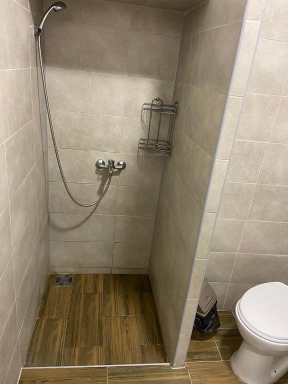 a bathroom with a shower with a toilet at Kula Dream apartment in Kula