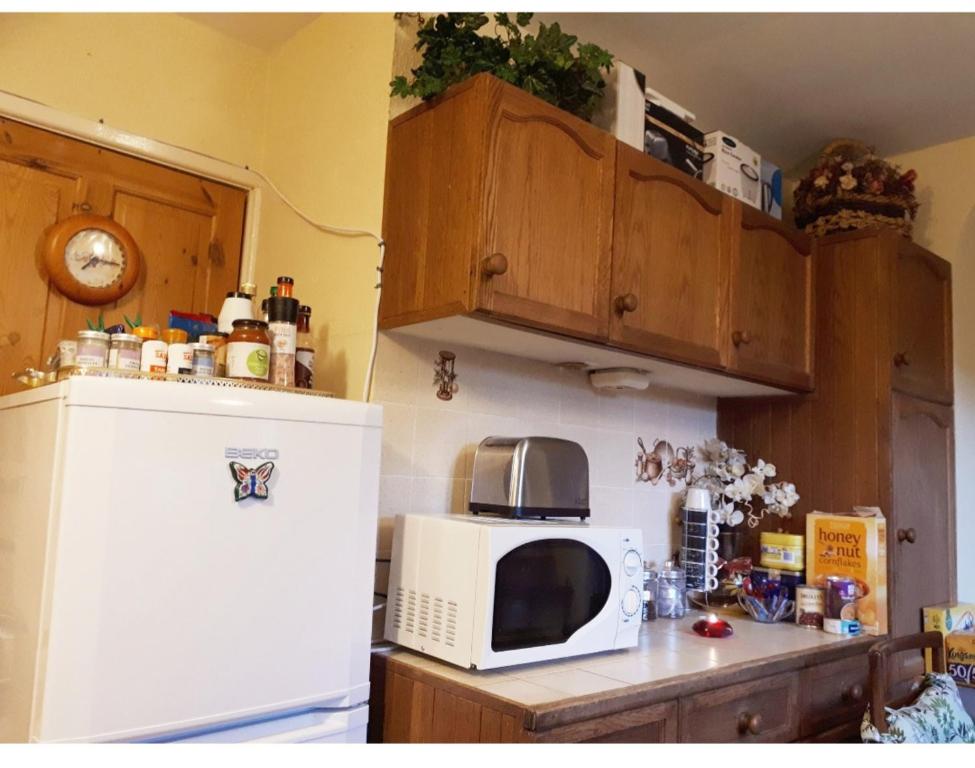 a kitchen with a microwave on top of a refrigerator at Private Annex, Little Flat, Private Entrance in Nottingham