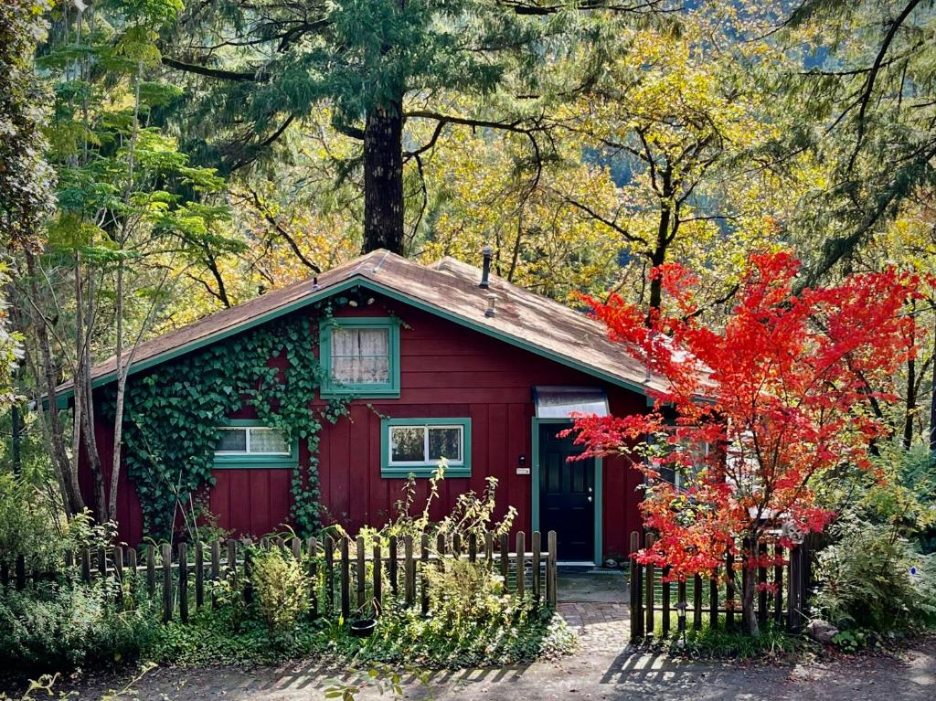 a red house with a fence in front of it at Avenue of the Giants Caraway Cottage (#3) 