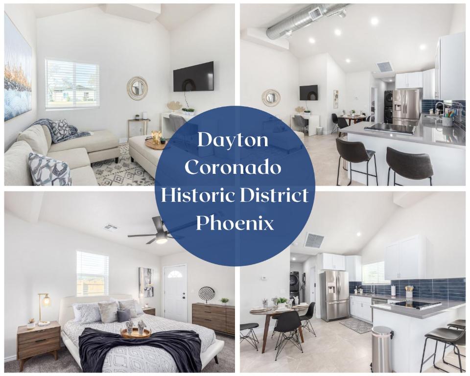 a collage of photos of a living room and a kitchen at Dayton Coronado Historic District Phoenix home in Phoenix