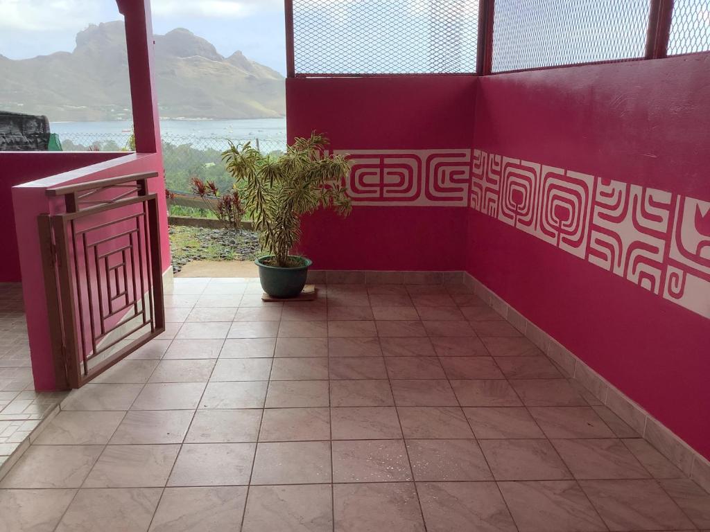 een roze kamer met een potplant en een raam bij CHEZ ALIZHIA in Nuku Hiva