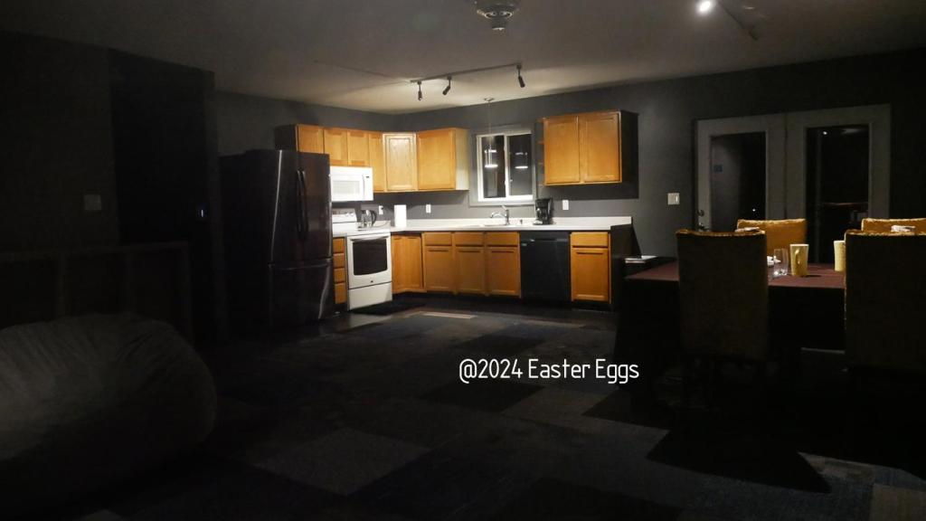 cocina con armarios de madera y nevera negra en Easter Eggs duplex, en Rochester