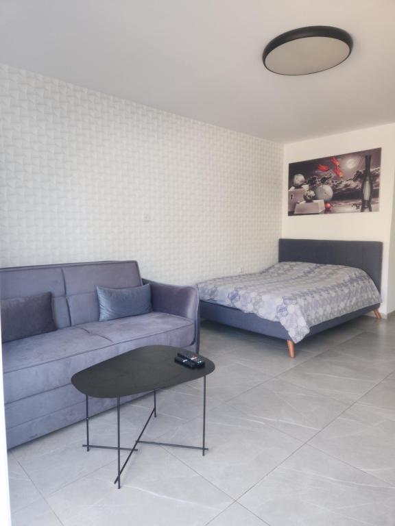 ein Wohnzimmer mit einer Couch und einem Bett in der Unterkunft Shalom&#39;s place in Eilat