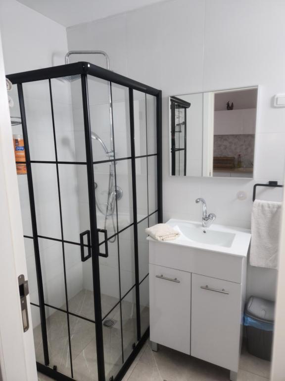 ein Badezimmer mit Dusche und weißem Waschbecken in der Unterkunft Shalom&#39;s place in Eilat