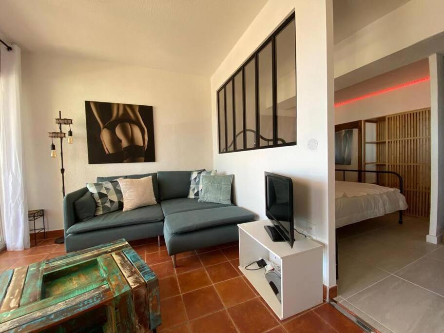 un salon avec un canapé et une télévision dans l'établissement Studio 535, Port Nature 5 au village naturiste, au Cap d'Agde