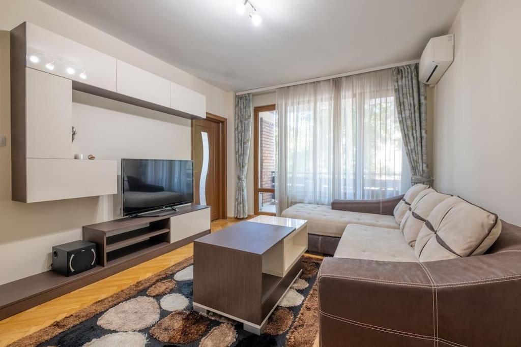 een woonkamer met een bank en een televisie bij Spacious Newly Furnished 1 BDRM Apartment in Sofia