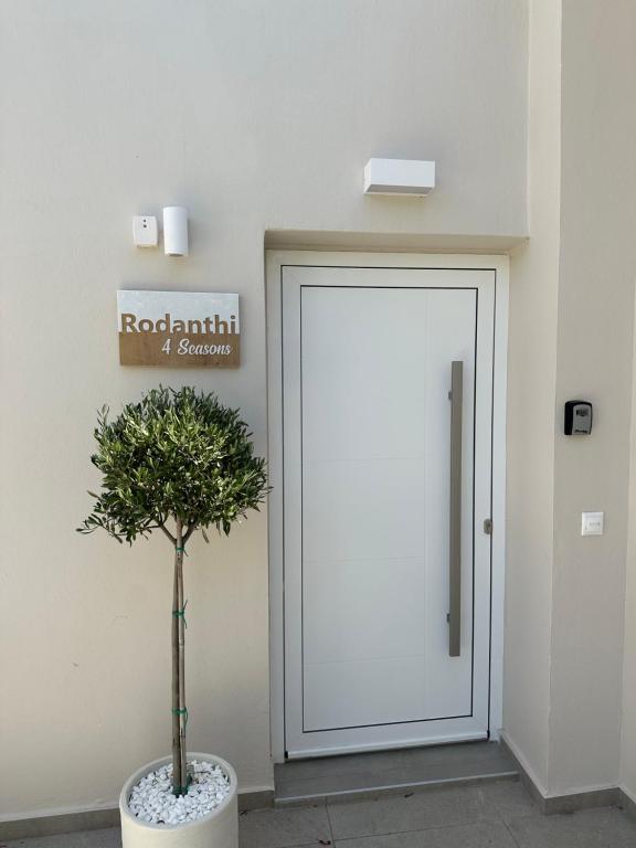 una planta en una olla delante de una puerta en Rodanthi 4 Seasons Unique House, en Tympáki