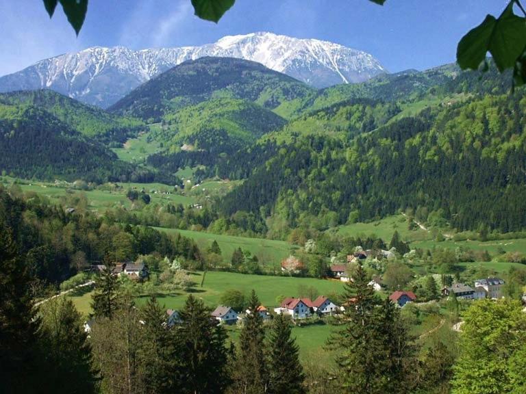 a town in a valley with a snow covered mountain at CProoms24 in Miesenbach