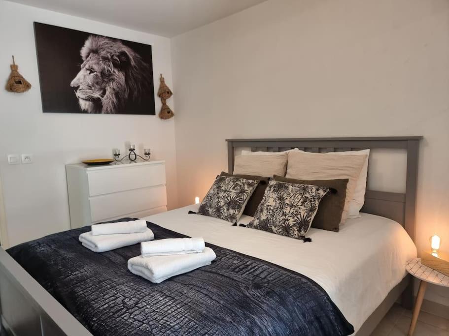 una camera da letto con un letto e asciugamani di Appartement 2 pers, terrasse, piscine, parking a Saint-Rémy-de-Provence