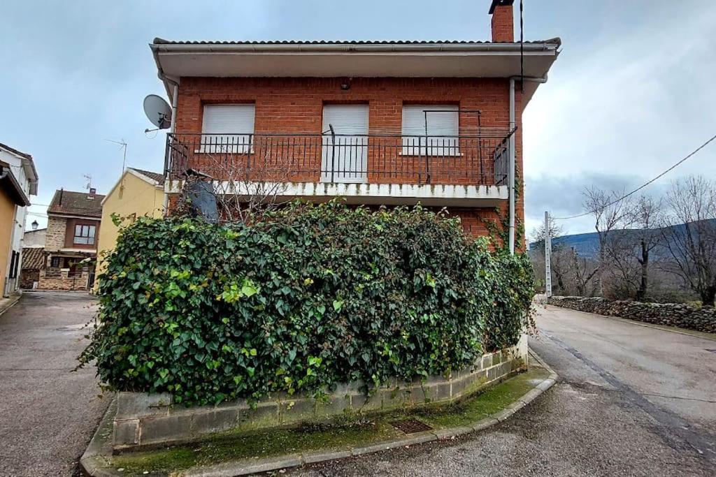 una casa de ladrillo con un gran arbusto verde delante de ella en Casa en Pinilla de Buitrago, en Gargantilla del Lozoya