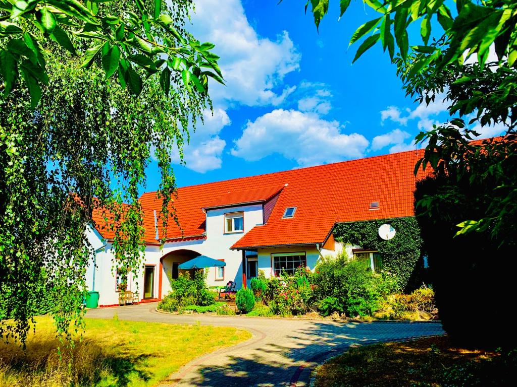 a house with an orange roof and a driveway at Top-moderne Ferienwohnung auf früherem wunderschönen Bauernhof im Elbe-Elster-Kreis in Süd-Brandenburg in Schönewalde