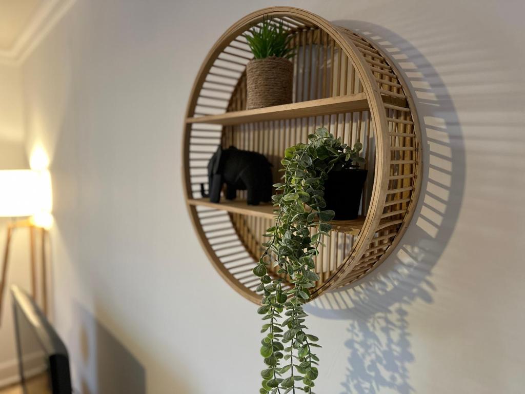 einem runden Spiegel an einer Wand mit einer Pflanze in der Unterkunft Appartement NEUF et cosy à Blois in Blois