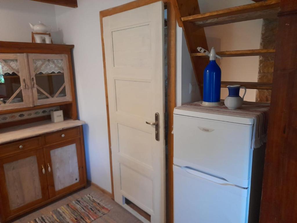 eine Küche mit einem Kühlschrank und einer blauen Vase an einer Tür in der Unterkunft Domek letni Konopka in Jeżów Sudecki