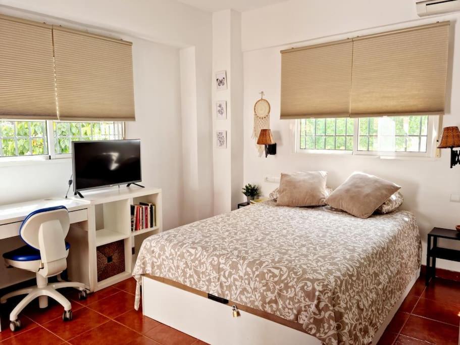 Schlafzimmer mit einem Bett, einem Schreibtisch und einem Computer in der Unterkunft Estudio Morera in Málaga