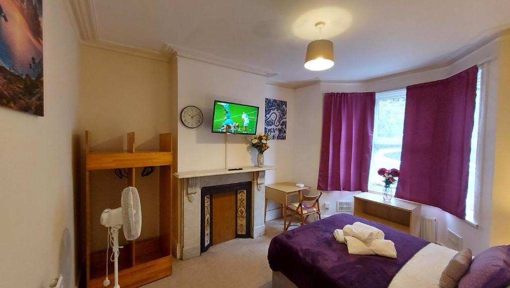 a bedroom with a bed and a tv and a fireplace at Cosy Villa- 5 Bedroom Accommodation Great For Longer Stays!!! in Chatham
