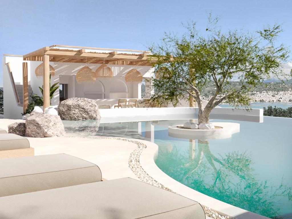 a rendering of a villa with a tree in the water at Evlalia Studios & Villas in Skopelos Town