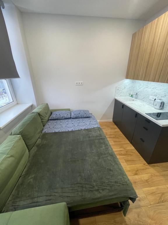 ein Wohnzimmer mit einem Sofa und einem Waschbecken in der Unterkunft Airport Apartment View Self Check-In Free parking in Vilnius