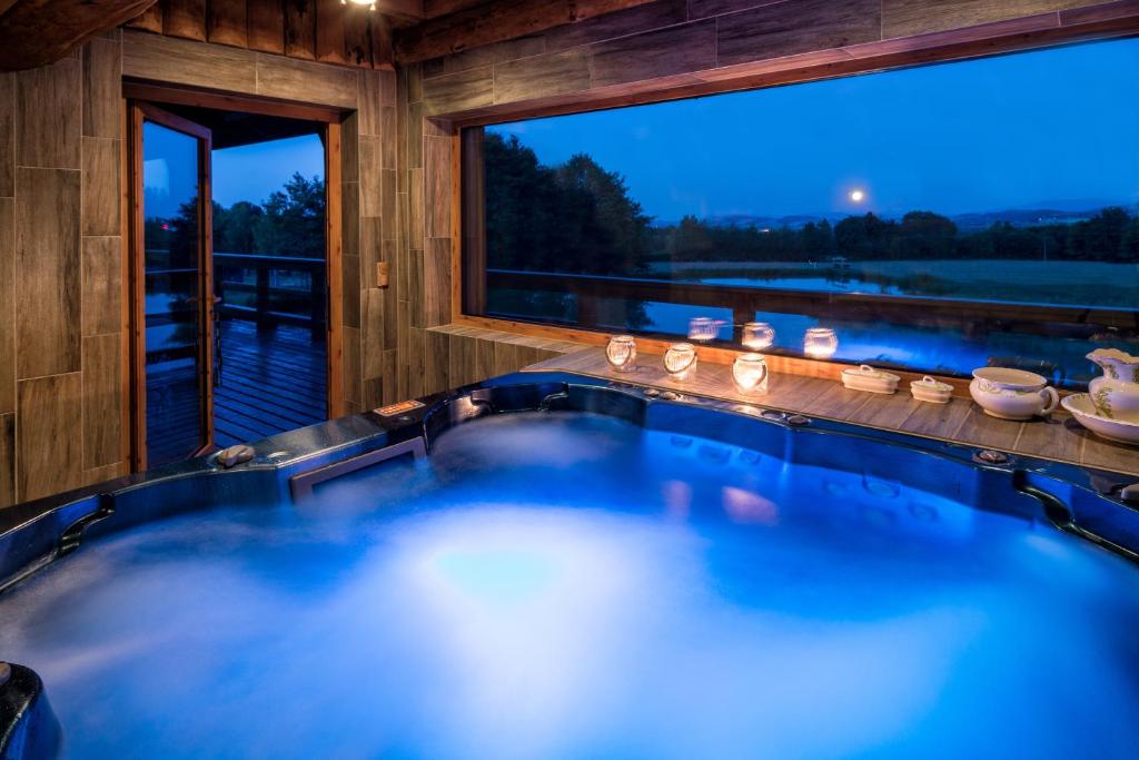 a jacuzzi tub in a room with a view at Folwark Wrzosówka Holiday Home in Kłopotnica